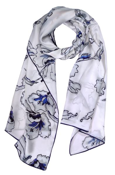 Seidenschal Satin Weiss Blau Blume